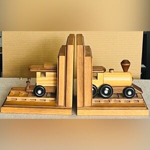 Vintage Inspired Oak Wood Train Book Ends Going Thru Tunnel Locomotive & Caboose
